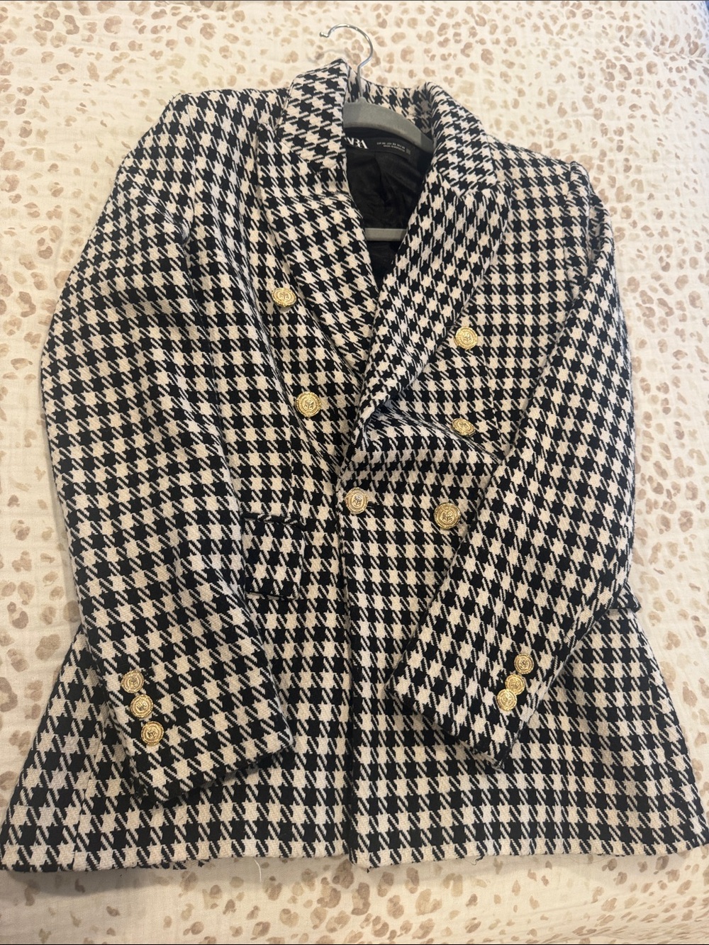 Zara Black and White Houndstooth Double-Breasted Blazer with Gold Buttons
